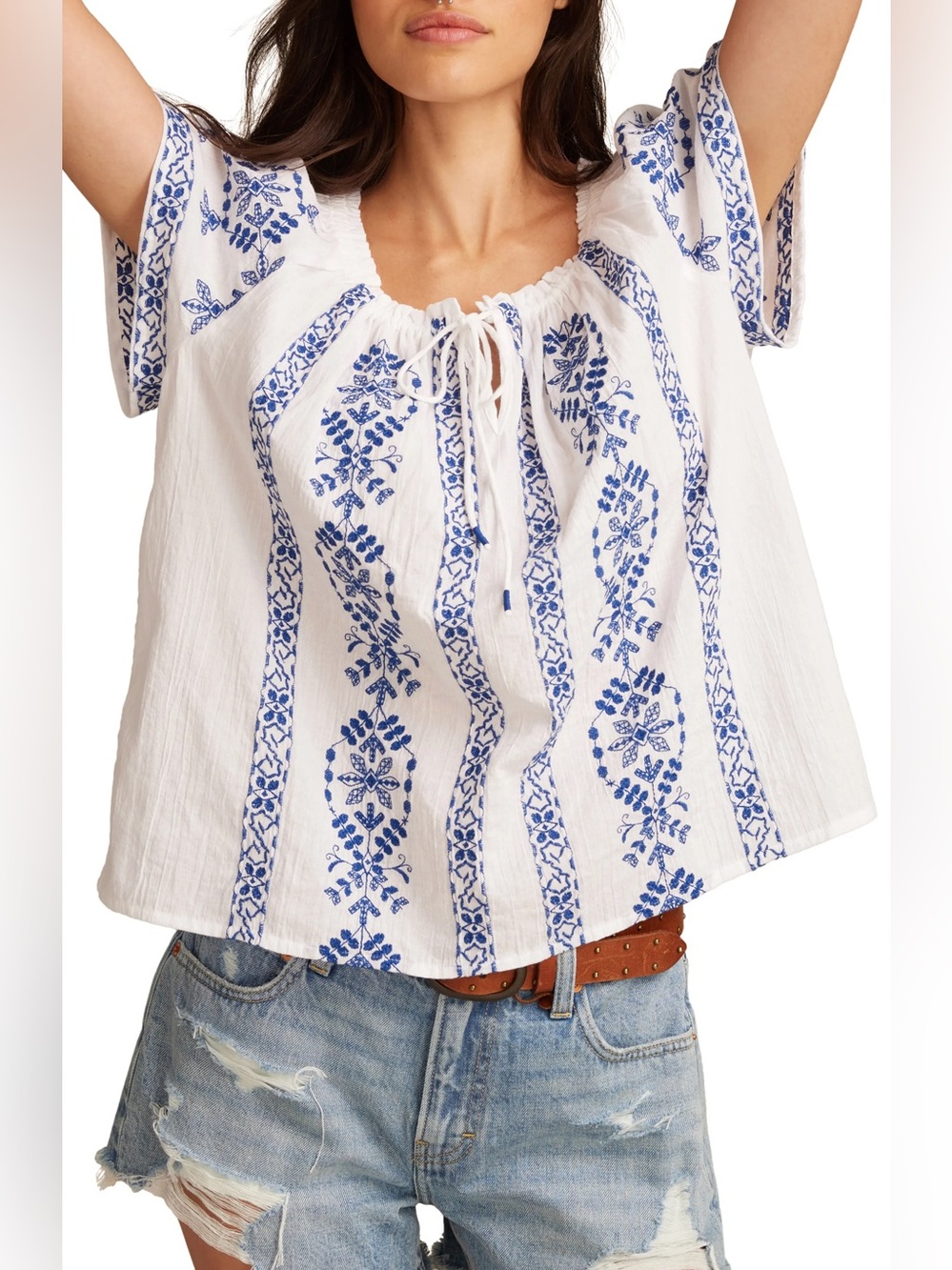 Lucky Brand Blue White Floral Print Short Sleeve Peasant Blouse Top Plus Sz XXL